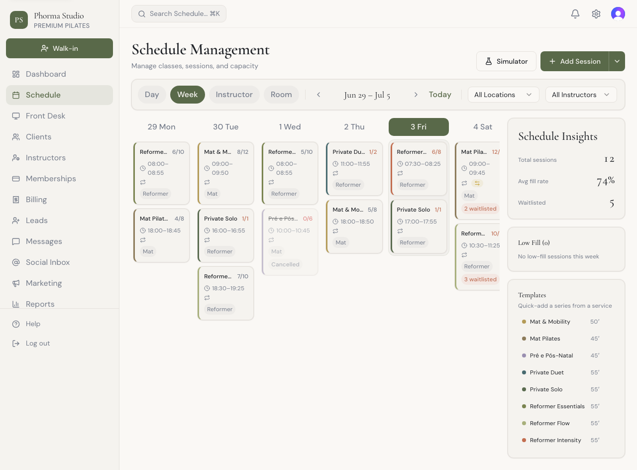 The Phorma schedule: a week of reformer and mat classes with fill rates, waitlists, and insights at a glance.